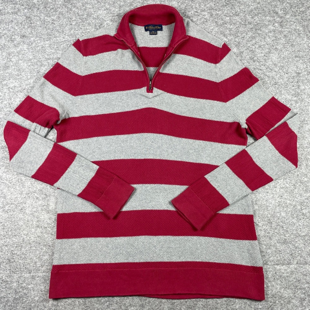 Brooks Brothers Pullover Sweater Mens XL Grey Red Striped Quarter Zip 100185241